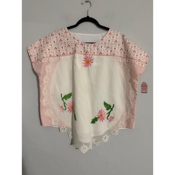 Tops - Handmade Vintage‎ Embroidered Floral Boho Pink White Striped Lace Top Blouse